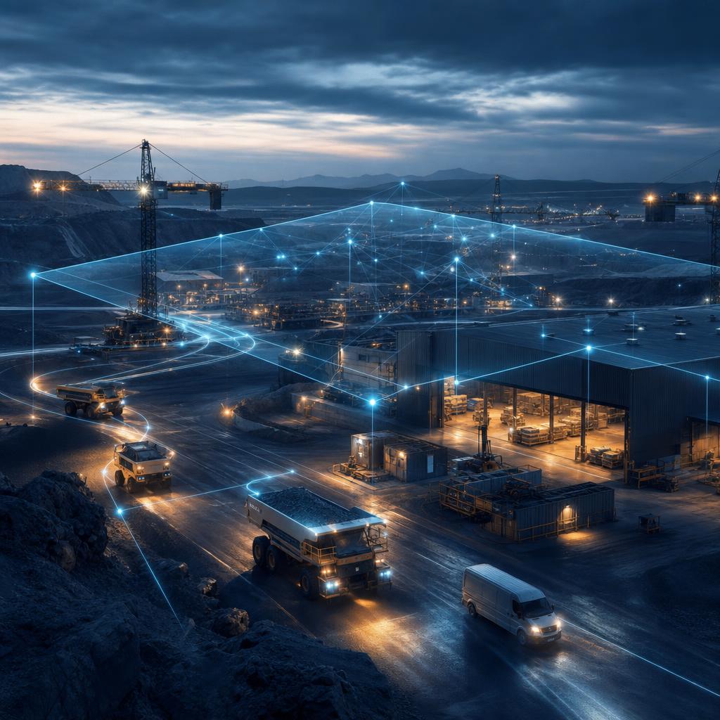 Connected industrial vehicles and cranes linked across a logistics landscape